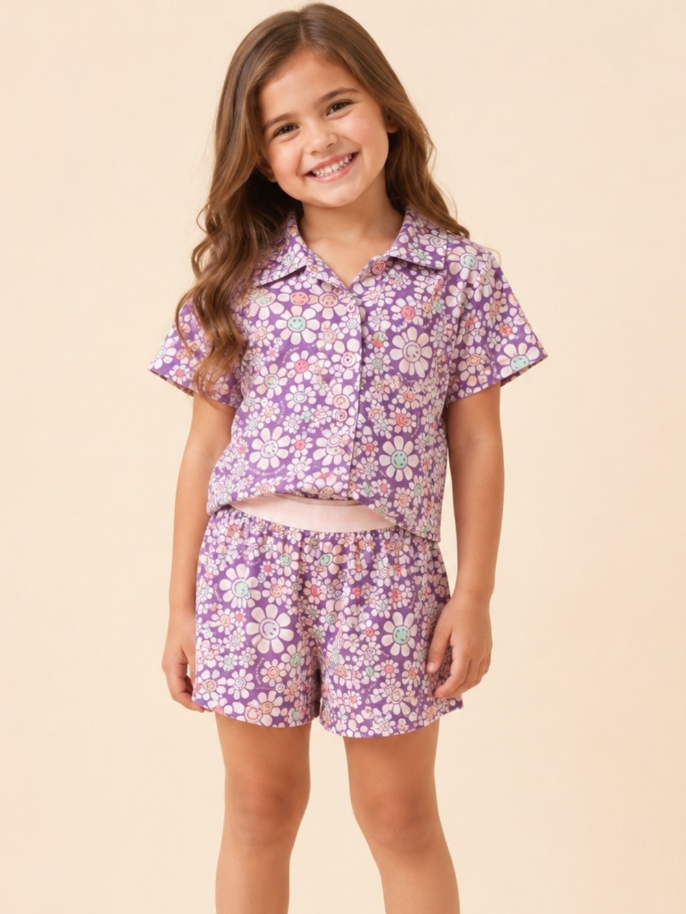 Life is Good Girls Purple Smiley Face Flower Pajama Set Shorts Shirt Size 5/6